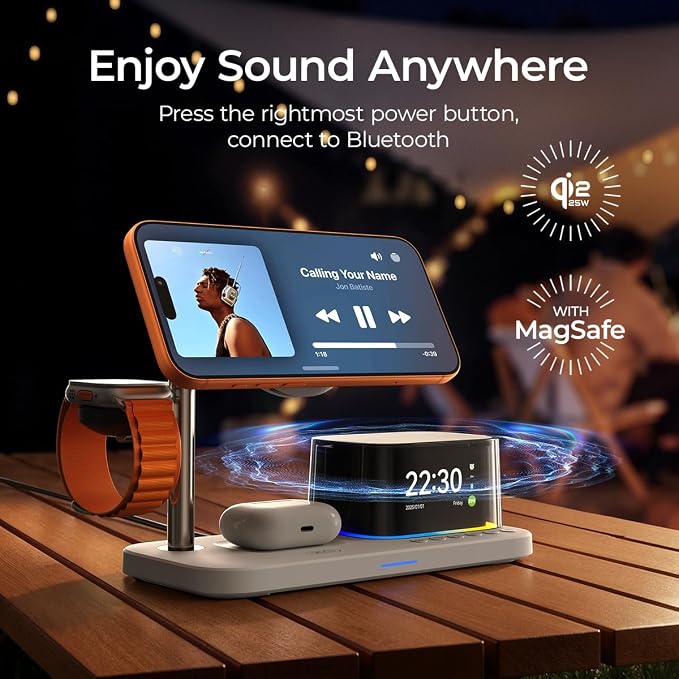 5in1 Charging Station for Apple Device【 25W Fast Charging+Instant Cooling 】QI2.2 Magnetic Wireless Charger with Speaker and Alarm,Built-in Fan&LED Light Compatible with MagSafe for iPhone/Watch/AirPod