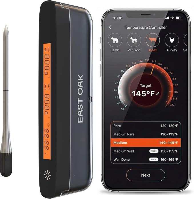 East Oak Wireless Meat Thermometer | 5-Sensor Precision for Chef-Level Results | Extreme Heat Resistance | Smart App Remote Monitoring | Perfect for Grills, Smokers, Ovens & Air Fryers, Black