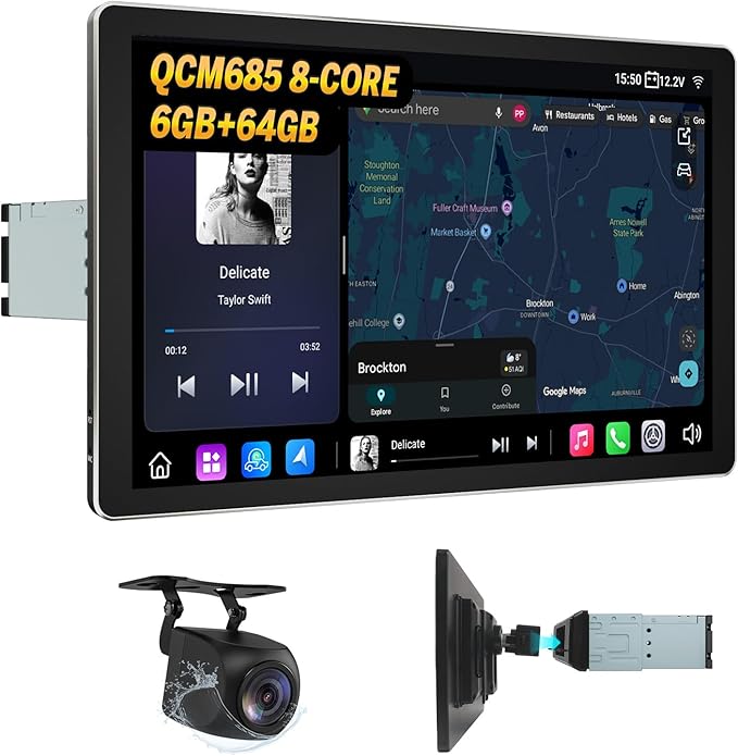 EONON 10.95" QLED 2K Adjustable Screen Car Stereo with Wireless CarPlay/Android Auto,6GB RAM 64GB ROM, 4G,WiFi6,for Universal 1DIN Car Radio with AHD Backup Camera DSP, Opt & Coax Output-SD1X6S2