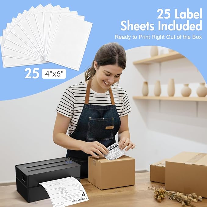 Bluetooth Thermal Shipping Label Printer (Black) + Thermal Direct Shipping Labels (Pack of 500 Fan-Fold Labels)