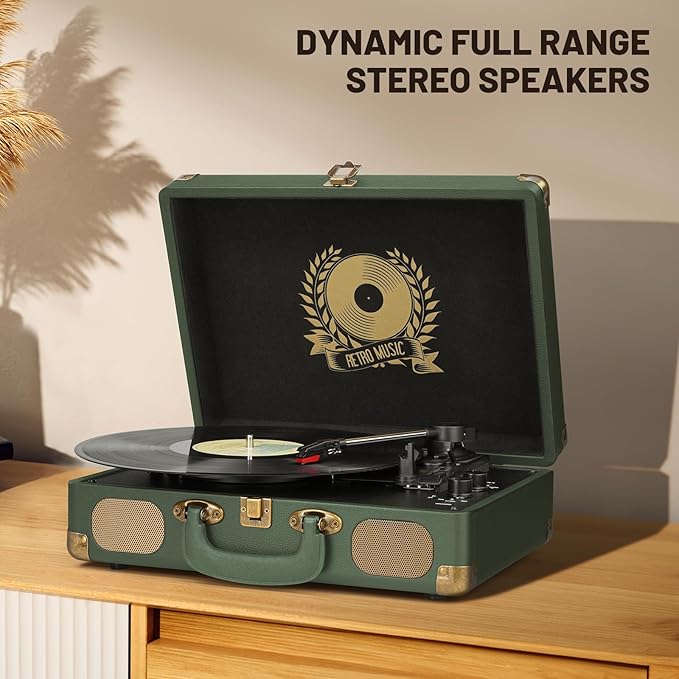 Vinyl Record Player Bluetooth Turntable 3-Speed Suitcase Portable Vintage Belt-Driven Record Player with Built-in Speakers RCA Line Out AUX in Headphone Jack Military Green