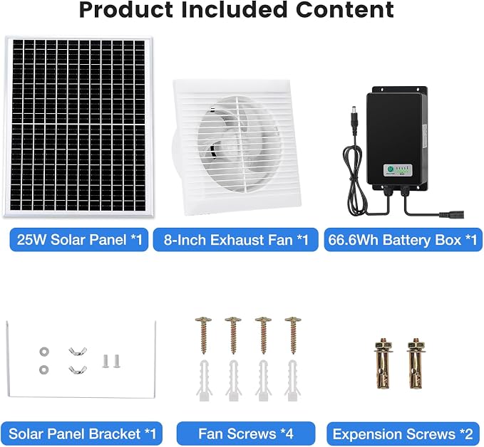Fanspex Solar Exhaust Fan, Solar Powered Vent Fan Kit for Outside Greenhouse Shed Chicken Coop (8" Fan with Battery)