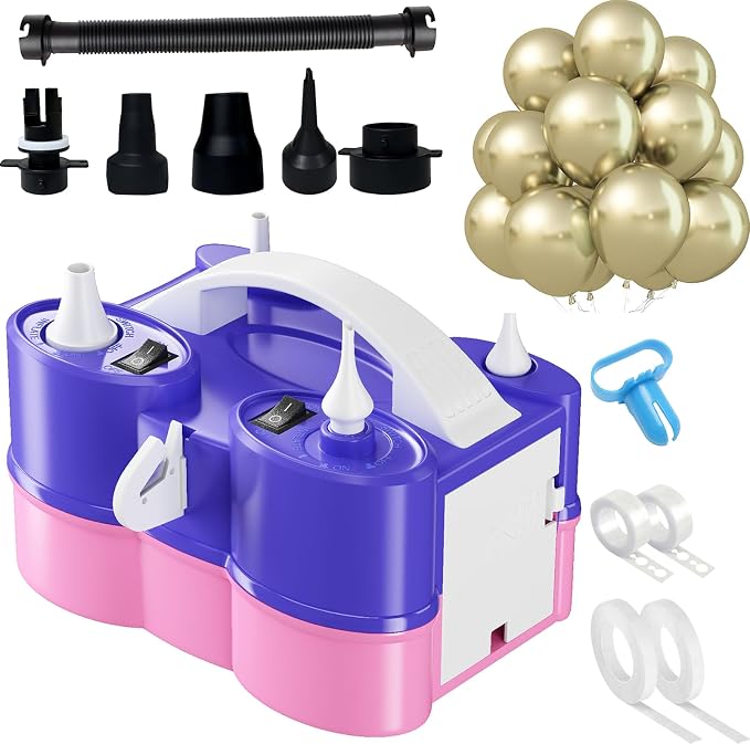3-in-1 Electric Balloon Pump with Metallic Gold Balloons, 3-in-1 Electric Balloon Pump, Portable Electric Air Pump for All Balloons Inflatables Dual Nozzle Balloon Blower Machine