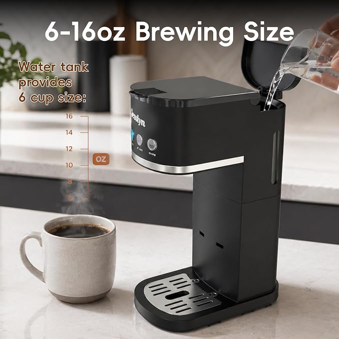 Jesslyn Single Serve Hot and Iced Coffee Maker, Compatible with Multiple Coffee Pods & Ground, Fits Tall Mugs, Over Ice & Strong Brew Function, for Home Office Travel RV Dorm, Classic Black