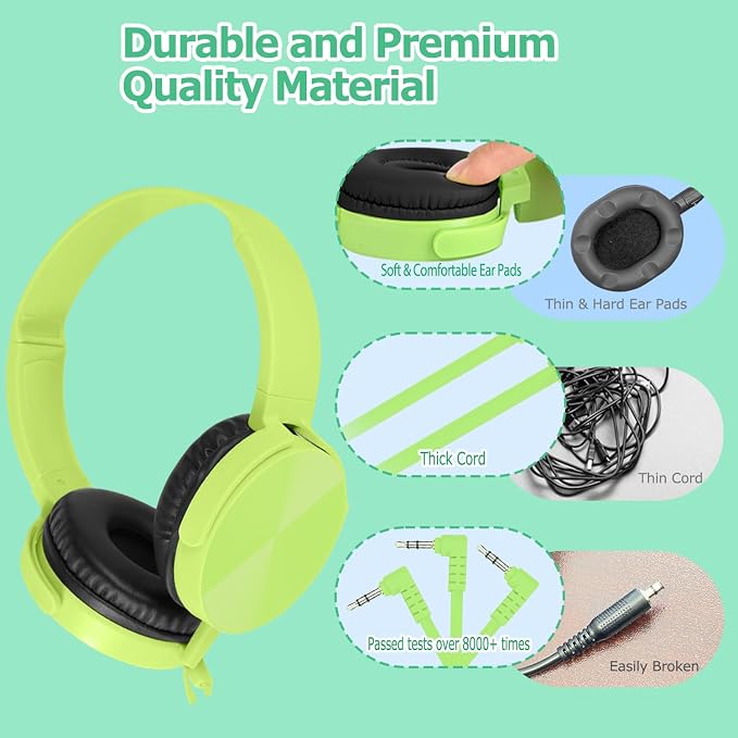 2 Pack Kids Headphones for School Classroom K-12, Swivel Foldable, HD Stereo, 3.5mm Jack Wired Headphone for Kids Children Student (Blue+Pink)