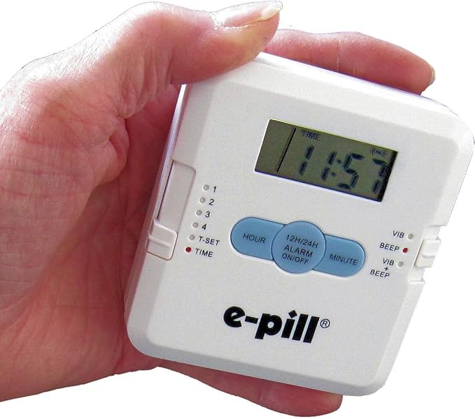 e-Pill 4 Alarm Pocket Pill Organizer and Medicine Pillbox with Pill Reminder - Vibrates and/or Beeps - Fits in Shirt Pocket