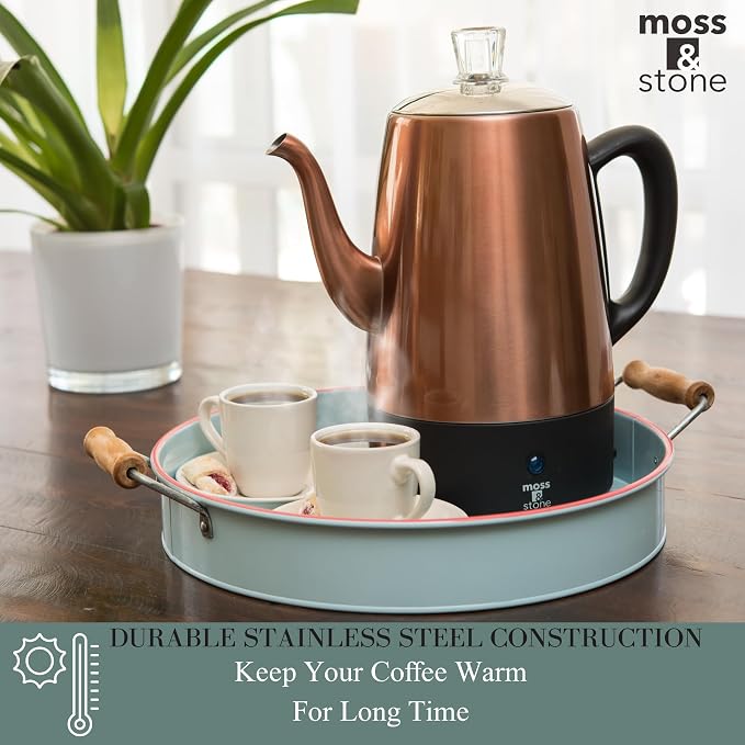 Moss & Stone Percolator Coffee Pot Electric 10 Cup, Stainless Steel Coffee Maker, Coffee Percolator Electric With Keep Warm Function, 10 Cups Stainless Steel Percolator With Coffee Basket Bundle With
