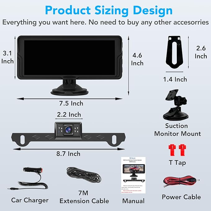 6.86 Inch Wired Backup Camera System with Monitor, 1080P HD Rearview Camera for Trucks Cars SUVs, IP69K Waterproof Reverse Cam, Enhanced Super Night Vision & 2-Channel Split Screen, Dual Bracket Mount