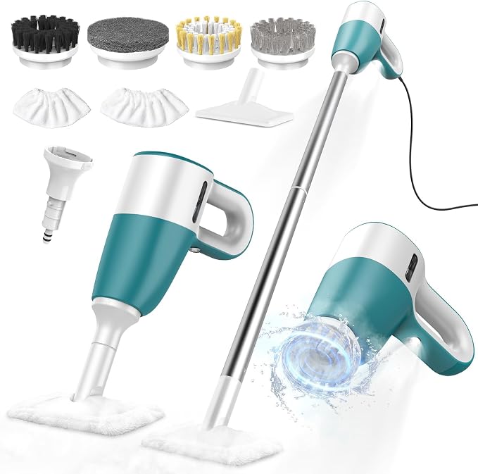 Steam Cleaner with Electric Spin Brush, No Manual Scrubbing, 1200W 2-in-1 Steamer for Cleaning Tool, 2 Modes, 11 Accessories, Detachable Long Handle for Home, Floor, Tile, Grout, Bathroom (Green)