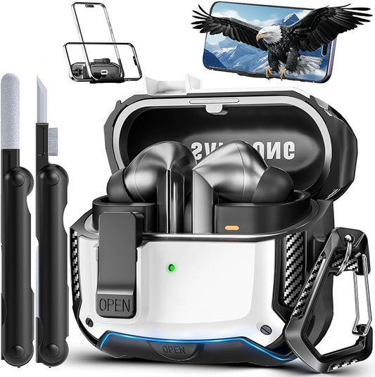 with Phone Stand for Samsung Galaxy Buds3 FE (2025) / Buds3 Pro (2024) / Buds 3 Case (2024),with Secure Lock Clip & Cleaning kit Full Body Shockproof Carbon Fiber Protection Design