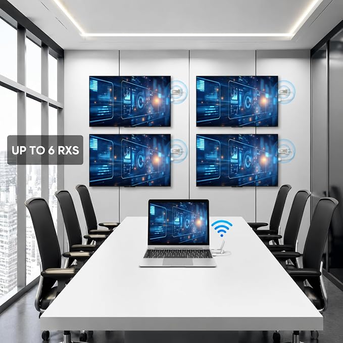 Wireless HDMI Transmitter and 4 Receivers, Up to 6 RX Expandable | 4K Decode 1080P Output| Stream from PC/Laptop/Projector to 4 Monitors/TVs| 500FT Long Range| Business/Conference/Home Theater