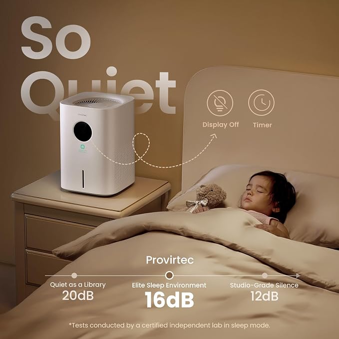 Provirtec Pro Baby Evaporative Humidifier for Bedroom, MistFree & No White Dust, BPA-Free and 16dB Quiet Sleep for Kids, 3 Age-Modes, Auto Control, Tap Water Safe, 4L Easy Clean Tank for Nursery