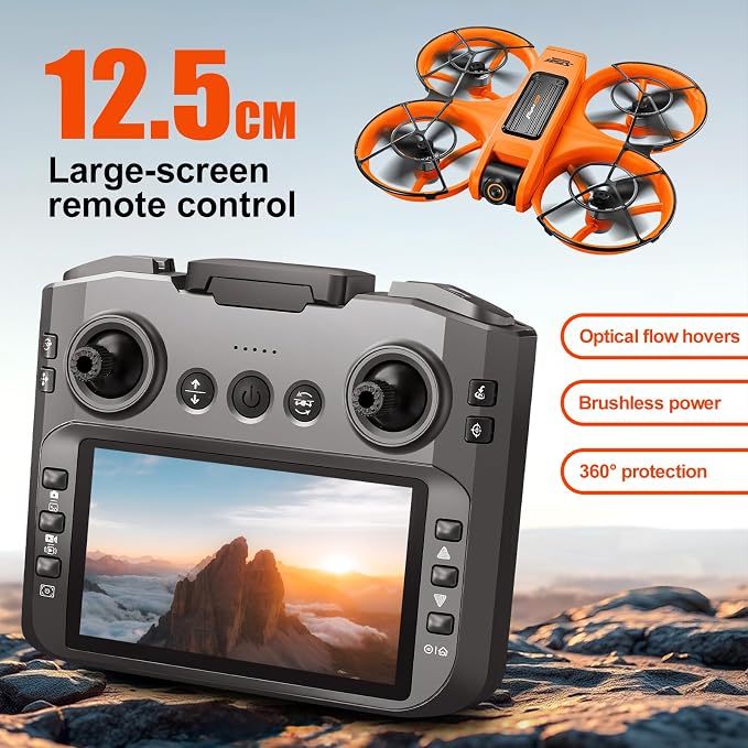 RC Drone With Screen On Controller (4.92in), UHD Dual Camera, Brushless Motor, Optical Flow Hovering, 360° Propeller Guard, 6-Axis Gyro, Headless Mode, One-Key Takeoff/Landing, 3-Speed Adjustable, 50X Zoom, Gesture Control, Trajectory Flight, Night LED...