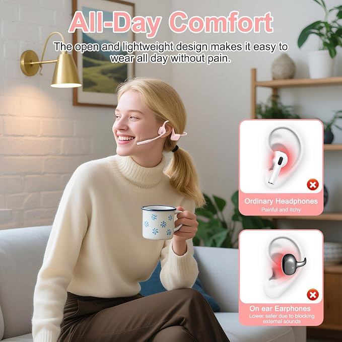 ZIOCOM Open Ear Headphones, Bluetooth 5.1 Headset with Mic, ENC Noise Cancelling and Mute Button, AptX-LL Wireless Headset for Office Driving Working Home-10 Hrs(Not Bone Conduction) (Pink)
