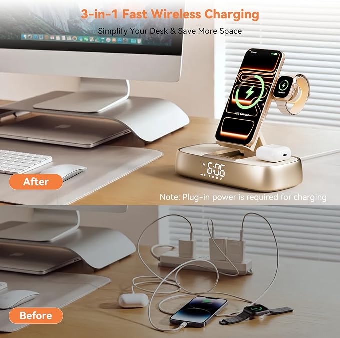 Bluetooth Speaker Alarm Clock with Wireless Charging, 15W Safe Fast Wireless Charger Station Phone Stand, 3 Level Bedside Night Light Protable Speaker, Mom Gifts Dual Digital Alarm Clocks for Bedrooms