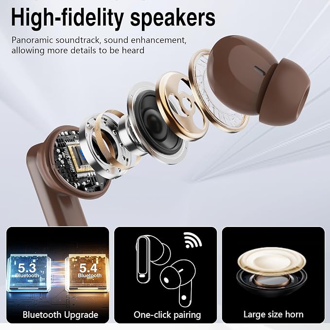 Thunelec Wireless Earbuds with Touch Screen, 2026 New Bluetooth 5.4 Headphones with ANC/ENC Mic, 50H HiFi Stereo Ear Buds with 5 EQ Modes, Transparency Mode, IPX7 Earphones for Running, Brown