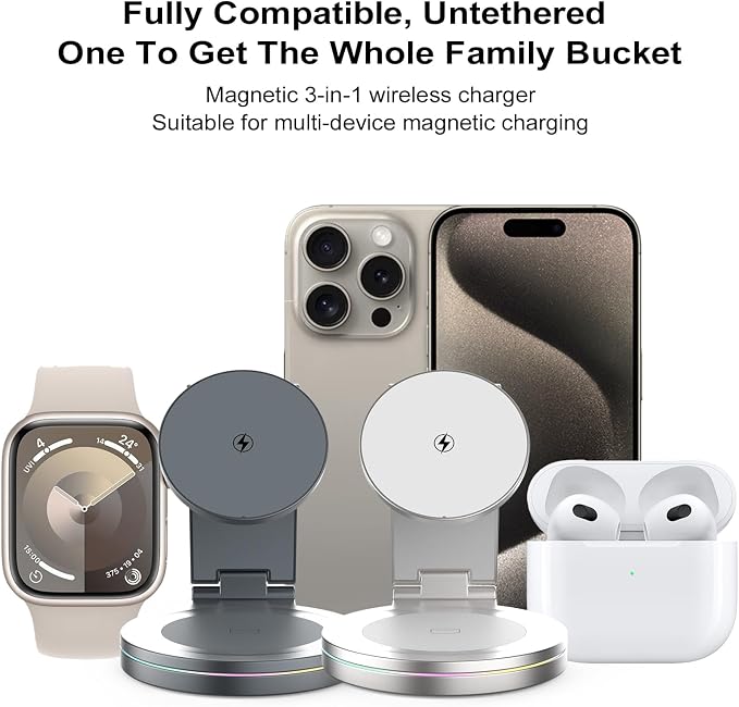Foldable 360º Rotatable Zinc Alloy 3-in-1 Magnetic Wireless Charger, Charging Station, Charging Stand,15W for iPhone 12-17,5W for Apple Watches,AirPods(Adapter Included) (Black)
