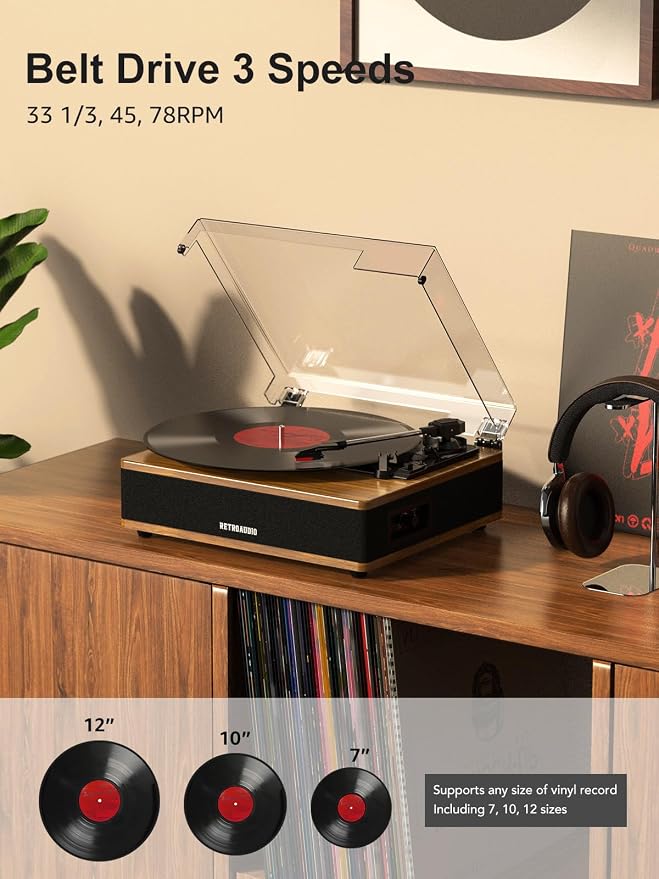 Vinyl Record Player Bluetooth Turntable with Built in Stereo Speakers Belt Drive 3 Speeds Vintage Turntables for Vinyl Records Support RCA Output, Aux in, Auto Stop, Light Walnut