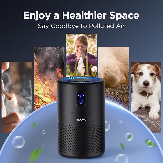 MOOKA Air Purifiers for Home Large Room up to 1076 ft², H13 True HEPA Air Filter Cleaner, Odor Eliminator, Remove Smoke Dust Pollen Pet Dander, Night Light, B-D02L Black