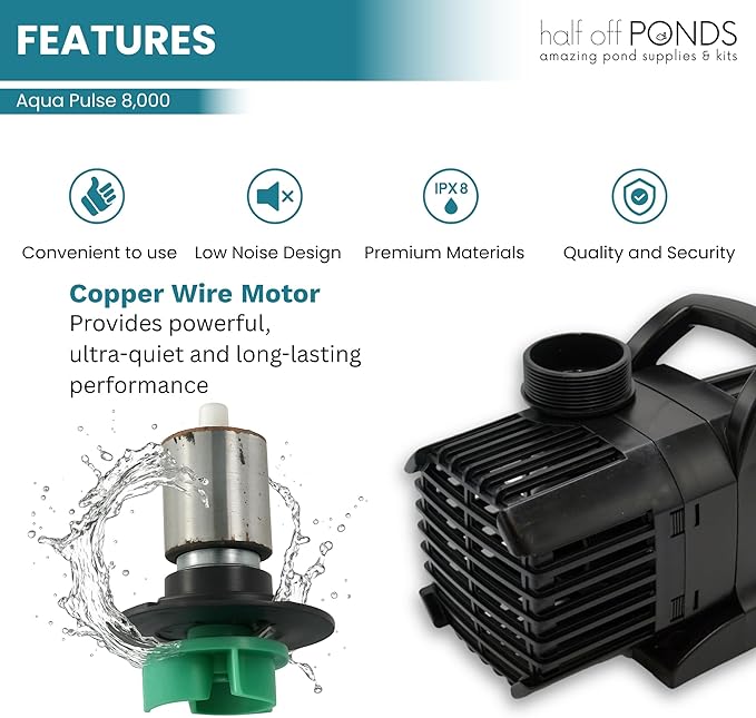 Aqua Pulse Submersible Pond Pump, 8,000 GPH, 100 ft Cord | 24 ft max head, 540W energy efficient, Ultra quiet, For koi ponds, Waterfalls, Fountains
