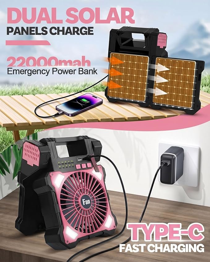 22000mAh Camping Solar Fan, Dual-Panel Rechargeable Solar Powered Fan with LED Light, 5 Adjustable Speeds Battery Powered Portable Fans, USB-C Fans for Travel Tent Home Camping Accessories