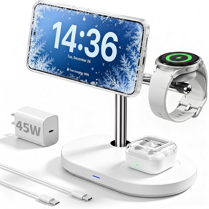 Qi2.2 25W 3 in 1 Wireless Charging Station with TEC Active Cooling Mag-Safe Charger Stand,Magnetic Qi 2 Wireless Charger for Galaxy S26/S25/S24,iPhone 17-8,Samsung/Apple Watch,Pods/Buds(45W Included)