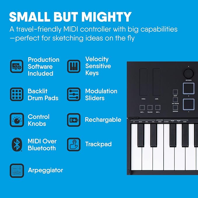 Carry-on Folding MIDI Controller 25 - MIDI over Bluetooth &USB Ultra-Portable Keyboard Controller - Built-In Battery for Professional Music Production - Compatible with Mac, PC, iOS