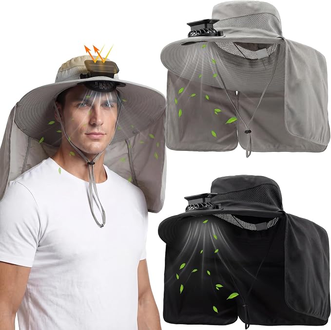 Maiteenly 2 Pcs Solar Fan Hat for Men with Neck Flap Bucket Fan Buit in Hats for Hiking Fishing Outdoor USB and Solar Powered
