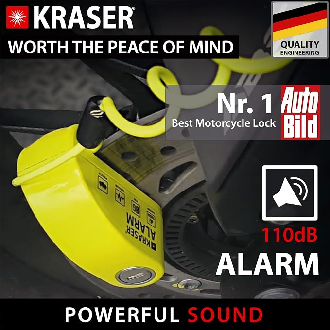 KRASER KR6Y Alarm Disc Lock, Reinforced Disc Brake Lock with 3 Keys (Others 2), Heavy Duty Anti-Theft Motorcycle with Alarm,110dB, Weather-Resistant, Reminder Cable, Pouch, Motorbike Moped E-Bike