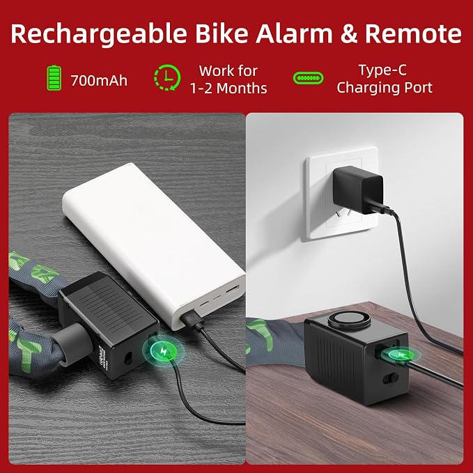 BANGTING 4FT Smart Alarm Bike Lock - 110dB Remote-Controlled Siren & 8mm Anti-Theft Chain with Key for Bicycle, E-Bike, Scooter, Motorcycle (Gray)