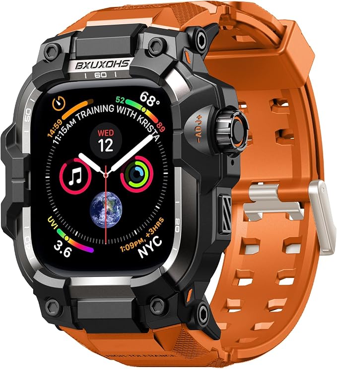 BXUXOHS Rugged Case and Band for Apple Watch 45mm Men, Compatible with Apple Watch Series 9/8/7, Military Grade Shockproof Bumper Cover, Tactical Band Case for iWatch 9/8/7 Man, Orange