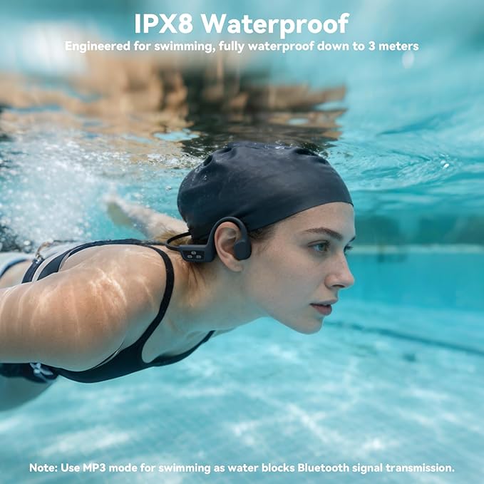 Bone Conduction Swimming Headphones, IPX8 Waterproof Open Ear Headphones with 8GB MP3 Player, Bluetooth 5.4 Wireless Headphones for Swimming, Pool Training & Underwater Sports, Black