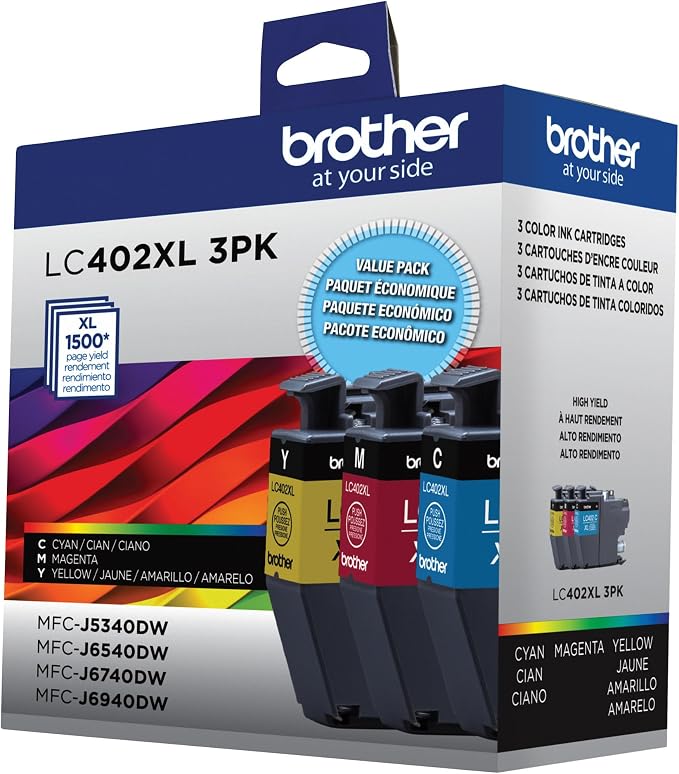 Brother Genuine LC402XL 3PK 3 Pack of High Yield Cyan, Magenta and Yellow Ink Cartridges, Black
