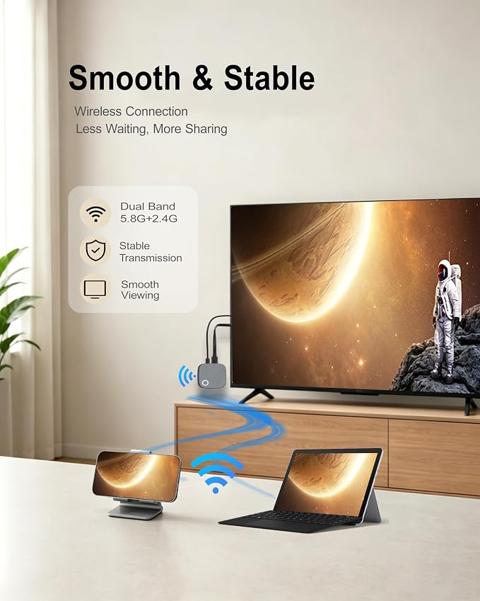 True 4K Wireless HDMI Display Adapter, Miracast HDMI Dongle for TV, Airplay Screen Mirroring Adapter, Support 4K Cast for iOS Android Windows to HDTV Projector Monitor