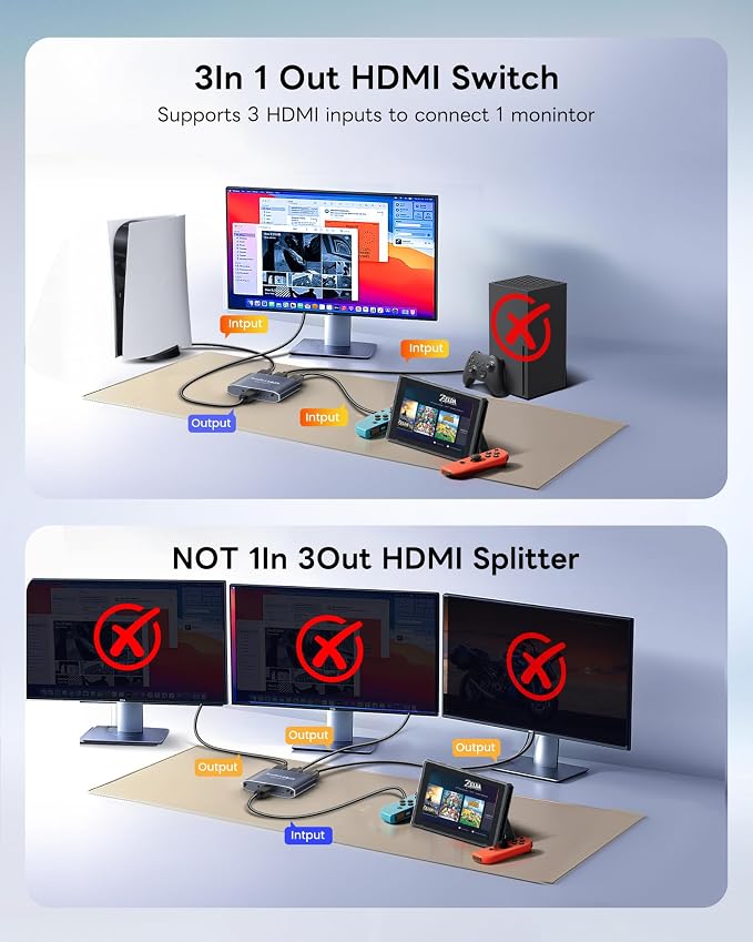 avedio links HDMI Switch 3 in 1 Out 4K@60Hz Aluminum Alloy【with 4FT HDMI 2.0 Cable】, 3x1 4K HDMI Switch Box, 3-Port HDMI Selector Switcher Support HDCP 2.2, HDR 10, for Fire TV Stick, PS5