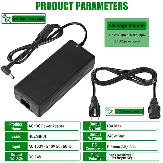 24V 10A Power Supply Adapter, AC 100-240V to DC 24Volt 10Amp 240W Power Adapter with 5.5mm x 2.5/2.1mm DC Output Jack, 24V Low Voltage Transformers, Universal AC/DC Adapter for LED Strip LED Driver