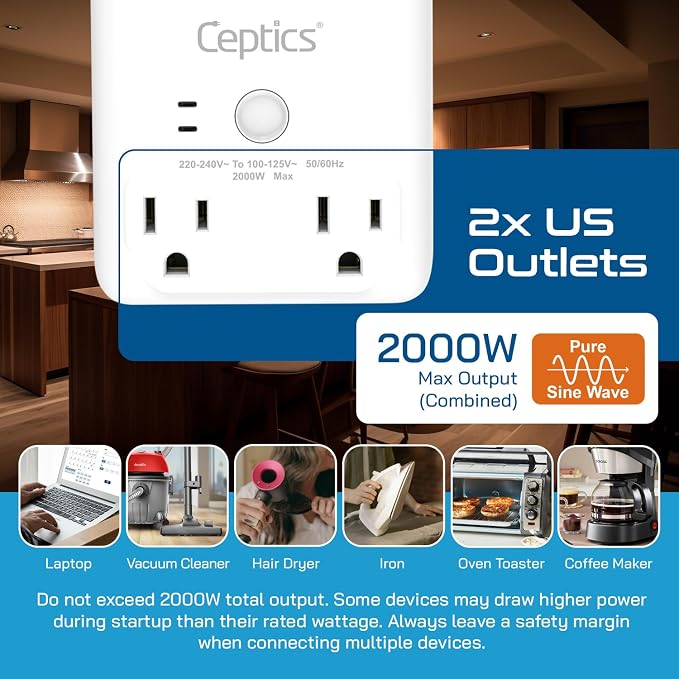 Ceptics Voltage Converter US to Europe, 2000W Pure Sine Wave 220V to 110V, Perfect for Hair Dryer, Straighteners and Curling Iron, 6 in 1 with 2 AC Outlets and 4 USB Ports (PD 45W)