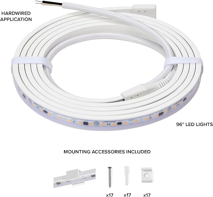 Maxxima 96 in. Hardwired LED Under Cabinet Strip Light, 3680 Lumens, 3000K Warm White, Kitchen and Living Room 120V White Cove Lighting, No Power Supply Needed