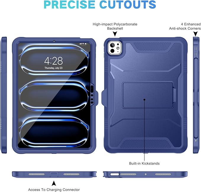 Soke Case for iPad Pro 11 Inch (M5) 2025/ (M4) 2024, with Built-in Screen Protector & Kickstand, Rugged Full Body Heavy Duty Protective Cover with Pencil Holder - Navy