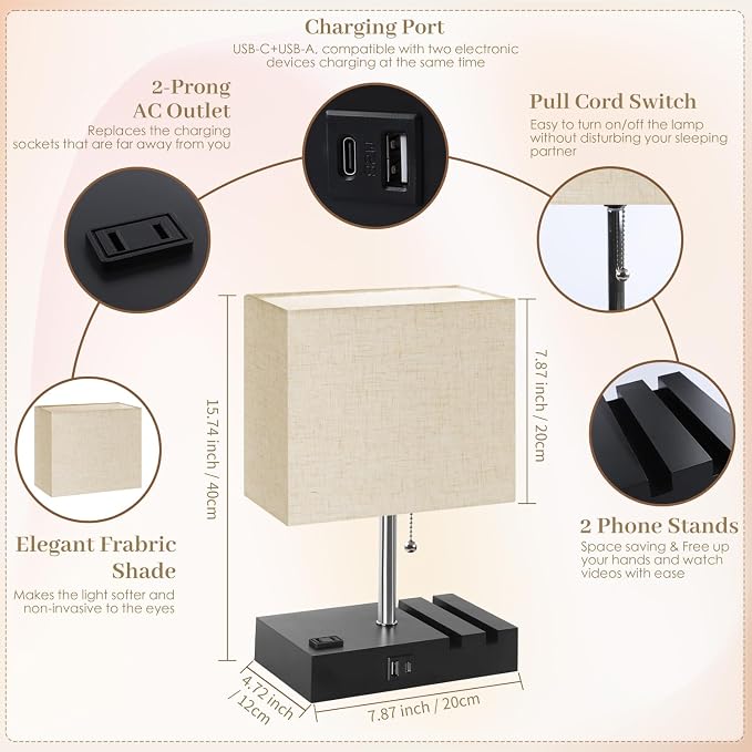 Smart RGB Dimmable Table Lamp Compatible with Alexa&APP&Remote Control, Bedside Desk Lamp with Charging Ports&Outlet&Phone Stand, Music Sync Nightstand Lamp for Bedroom Living Room Office Dorm, Beige