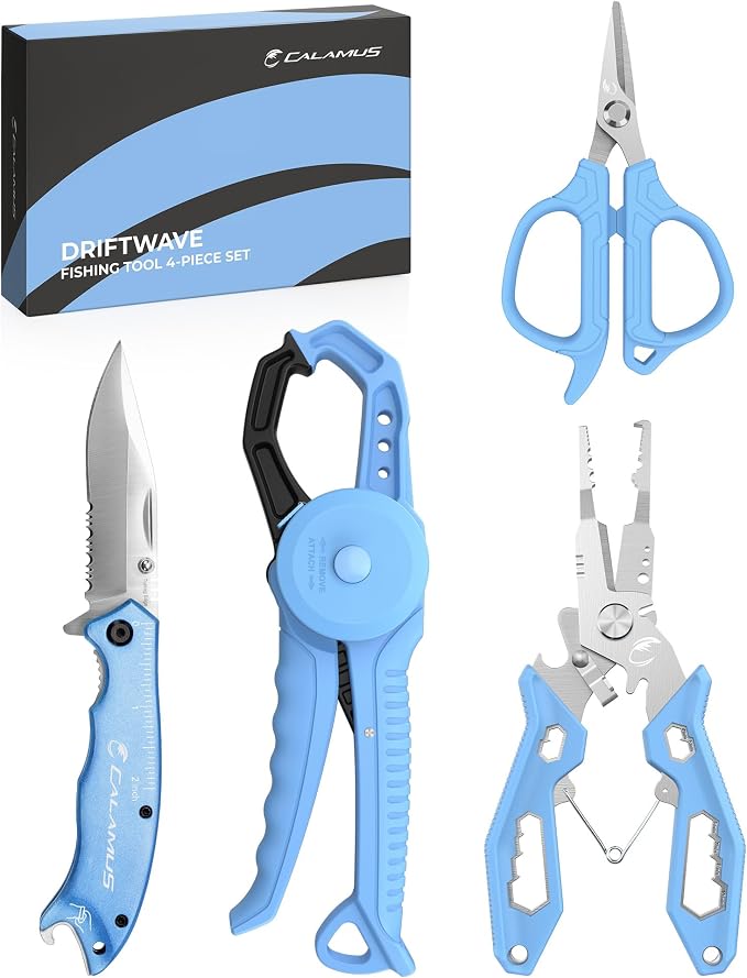 Calamus DriftWave Fishing Tool Kit – Corrosion Resistant Pliers, Lip Gripper with Soft Retractable Measuring Tape, Filet Knife, Pocket Knife，Fishing Scale, Retractor & Glove, Fishing Gifts for Men