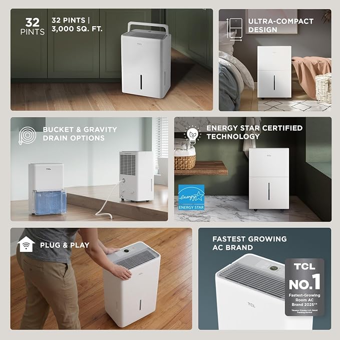 TCL 32-Pint Capacity Quiet, Energy Efficient Portable Dehumidifier, Precise Humidity Control, Bucket or Continuous Drain, Compact Humidity Absorber for Home, Attic, Garage & Rooms up to 3000 Sq Ft