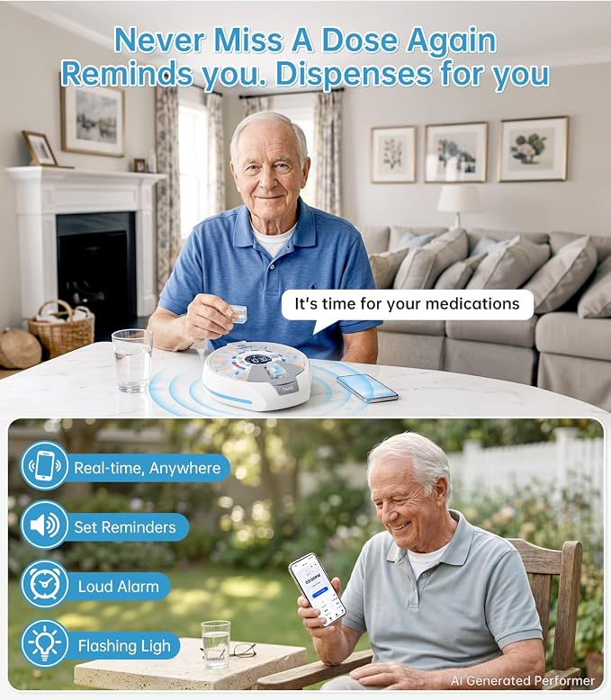 Wi-Fi Automatic Pill Dispenser Smart Medication Assistant for Seniors & Caregivers with 21 Individual Pods, Alarms & Sound Light Reminders, Remote Monitoring & Tracks Adherence History, Key Lock