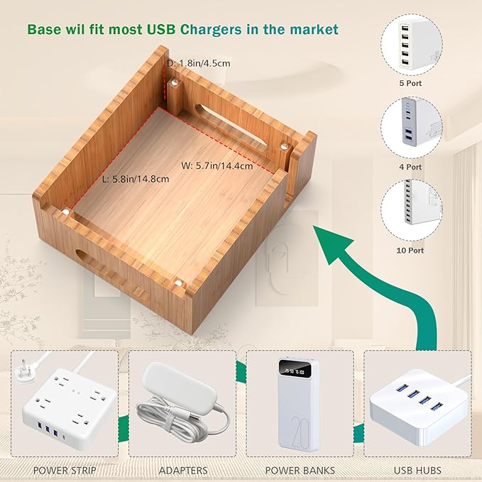 Pezin & Hulin Bamboo Charging Station for Multiple Devices with 5 Port USB Charger,5Cables,Smart Watch&Earbuds Stand, Desk Docking Stations Electronic Organizer for Cell Phone, Tablet (Natural)