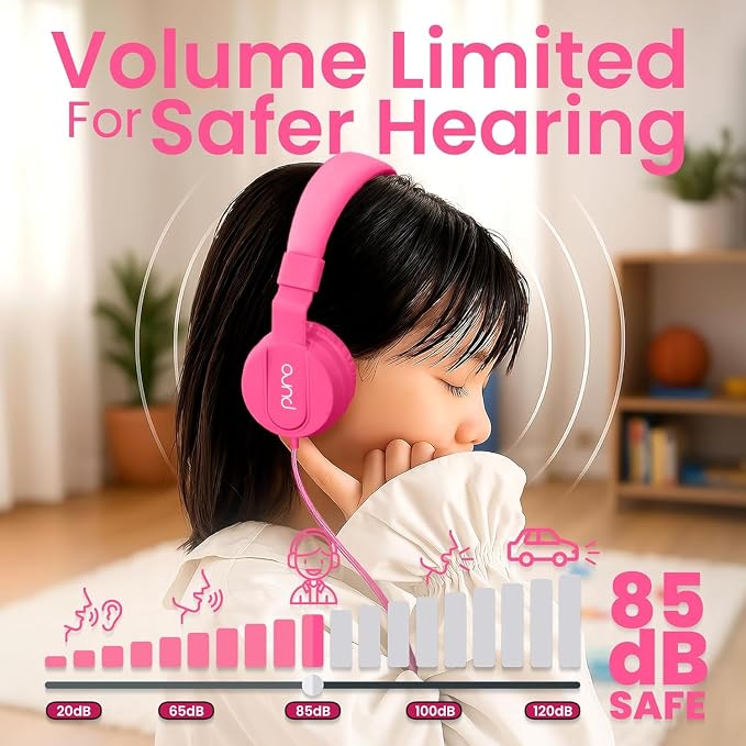 Puro Sound Labs Kids Wired Headphones – Volume-Limiting & Adjustable, Safer & Comfortable Headphones for Kids – Compatible with PCs, Smartphones & Tablets, Ideal for School & Travel – PuroBasic, Pink