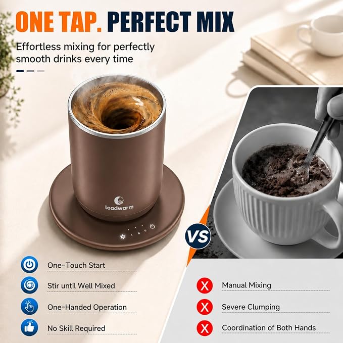 Self Heated Stirring Coffee Mug, 10oz Auto Mixing Cup with Warmer, Brown | 3 temp settings, food-grade stainless steel interior, 8-hour auto shut-off, plug-in desk mug with Warmer for office home