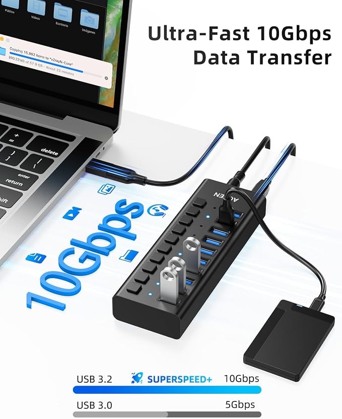 AGEEN 10-Port USB 3.2 Gen 2 Hub, 10Gbps High-Speed Aluminum Powered Hub with 48W Adapter, Individual Switches & Surge Protection for PC/Laptop, Flash Drive, Printer, Camera