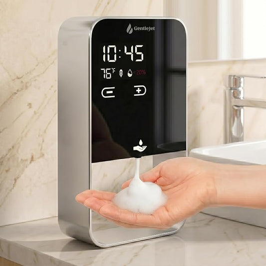 GentleJet EliteJet Automatic Foaming Soap Dispenser Touchless Sensor, LED Display, 5 Foam Levels, Wall Mount or Countertop, Rechargable USB-C or Battery Powered, Aluminum Alloy, 480 ml Refillable