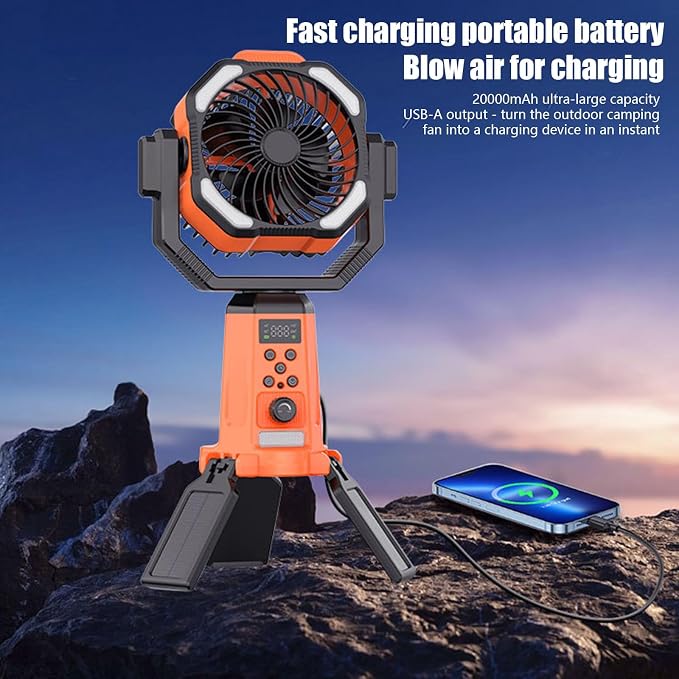 Solar Camping Fan with Mist, 20000mAh Rechargeable Battery Powered Outdoor Fan with LED Light & Remote Control, Oscillating Portable Fan with Tripod Stand for Camping, Tent, Patio, Power Outage