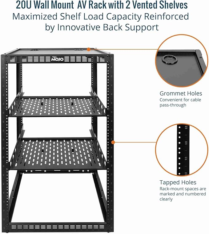 Tecmojo 20U Open Frame Network Rack for IT & AV Gear, AV Rack Floor Standing or Wall Mounted,with 2 PCS 1U Rack Shelves & Mounting Hardware,Network Rack for 19" Networking,Audio and Video Device